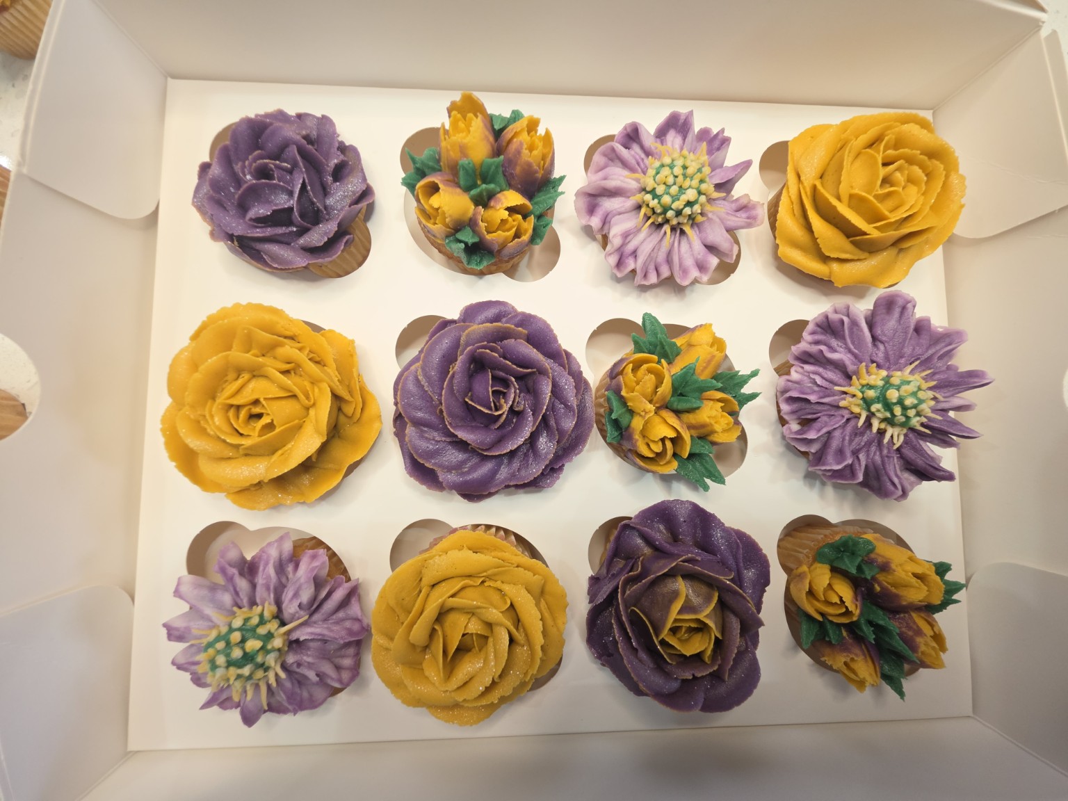 Box of twelve handcrafted purple and gold floral Smallies